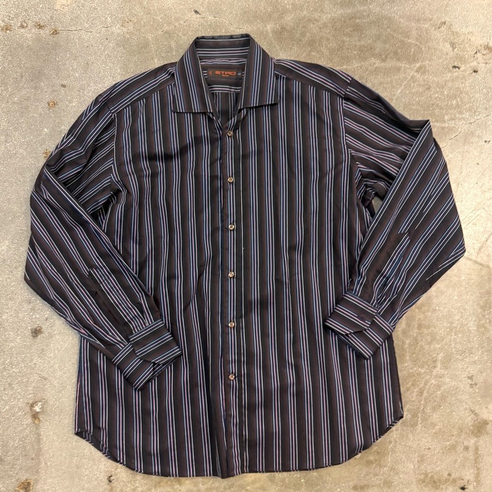 ETRO MENS STRIPED BUTTON DOWN DRESS SHIRT, SIZE EU 42, BROWN/ PURPLE